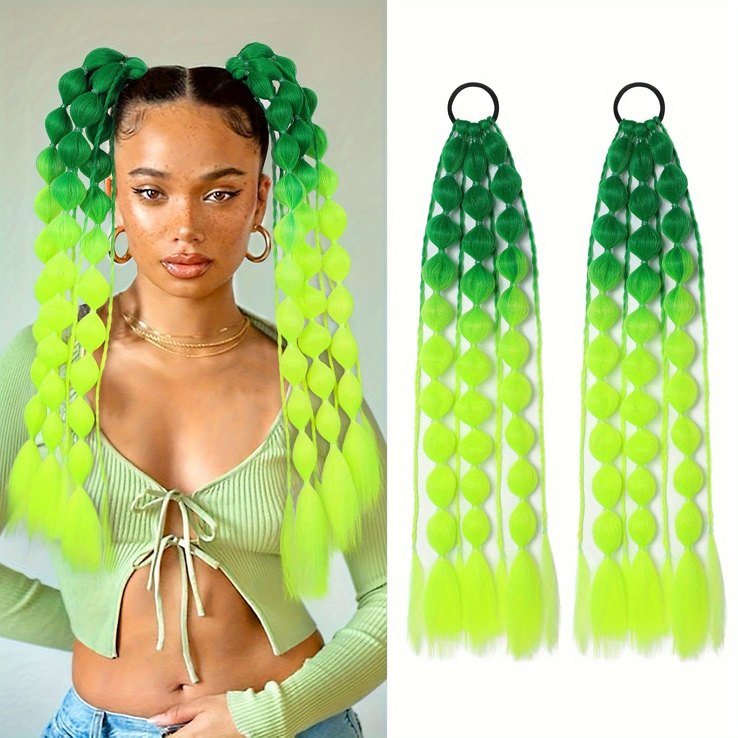 TEMU Women's Straight Bubble Ponytail Extensions - 2 Pack, 20" Lightweight Hair Extensions With Tie, Ombre Synthetic Ponytails For All Ages, Rave And Accessories