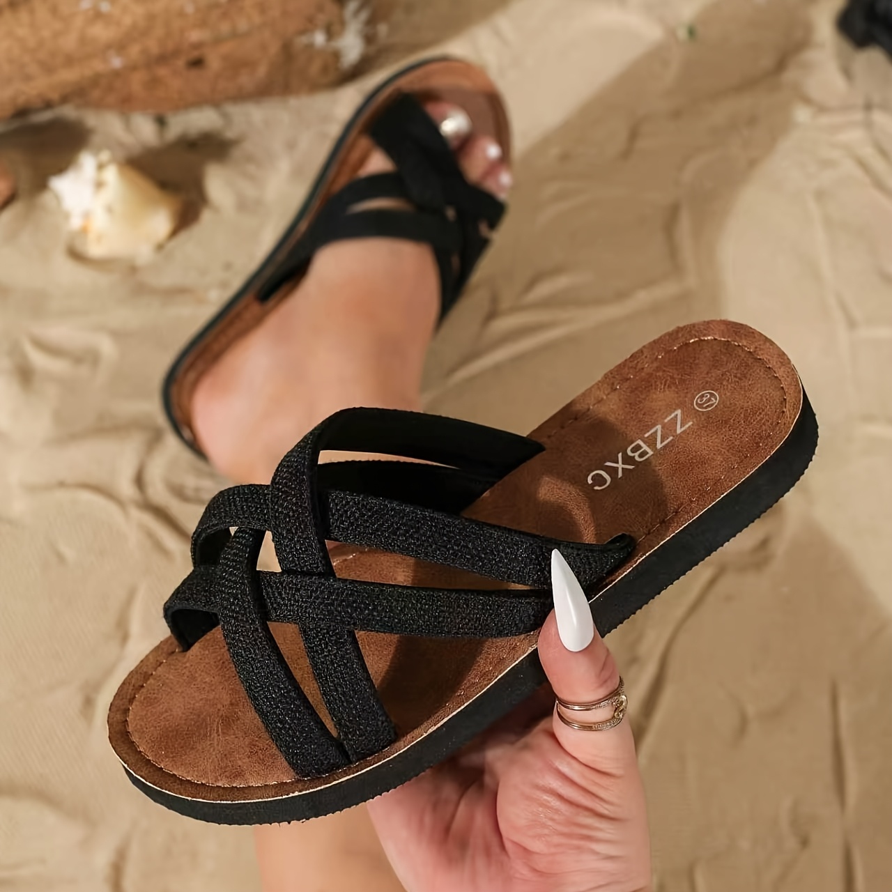 TEMU Pantoufles tendance pour femme à bout large, style français et , avec lanières entrelacées, adaptées à un intérieur et extérieur, confortables,