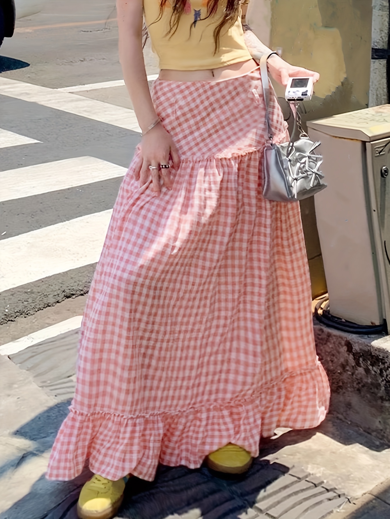 women's spring summer casual checkered midi skirt a line Temu