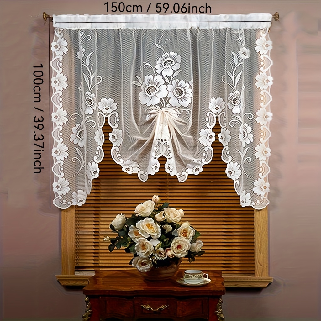 1pc Lace Floral Valance - Semi-sheer Polyester Curtain With Intricate Floral Pattern, Rod For Living Room, Bedroom, Kitchen