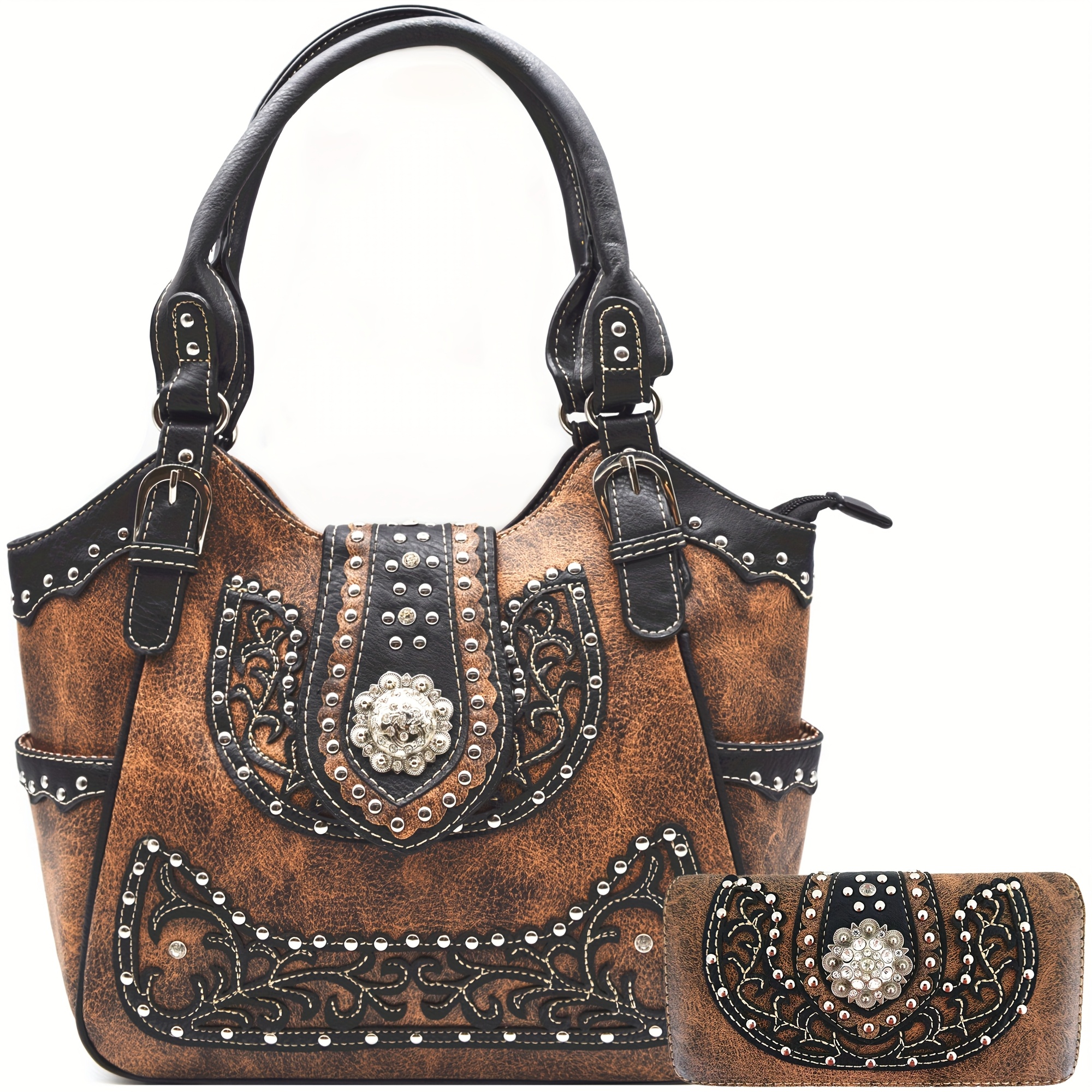 TEMU Sac à Main de Style Occidental avec Clous en Strass, Motif Floral et , Ensemble Portefeuille pour Femmes, Sac à Épaule -girl Marron