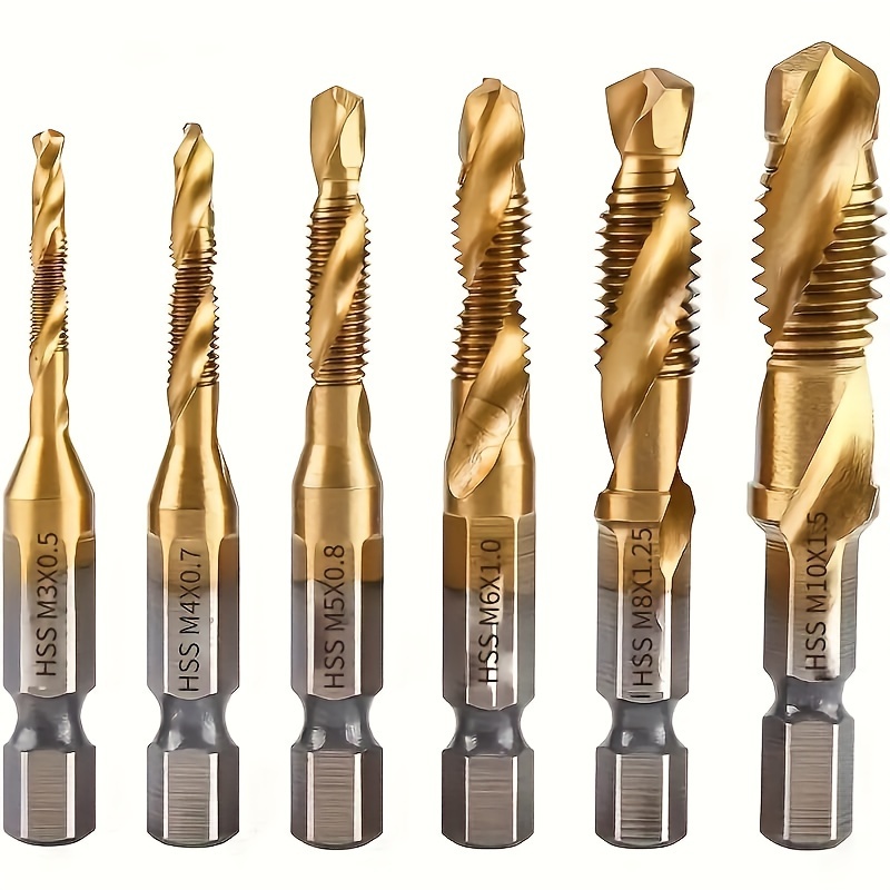 

6pcs Titanium Drill & Tap Bit Set - Steel, Metric M3 To M10 For Screw Tapping And Countersink Drilling