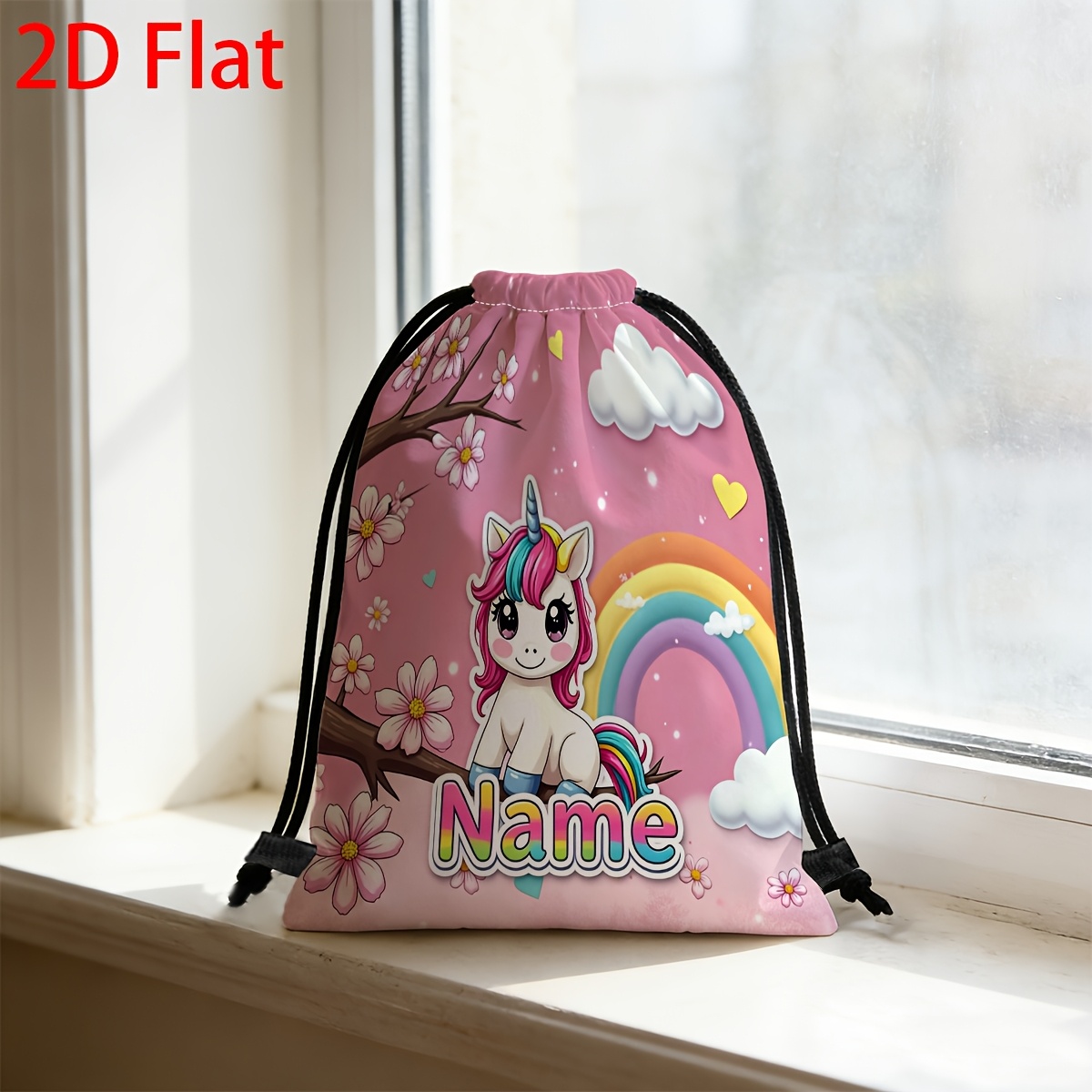 TEMU Borsa da palestra 2D piatta, personalizzata, 1 pz, con messaggio di benedizione personalizzabile, unicorno seduto su un ramo di fiori contro uno