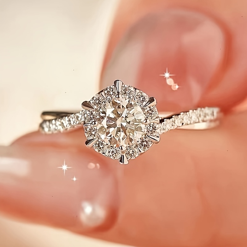 6 Prong Round CZ Women's Engagement Ring, Copper Base, April Birthstone