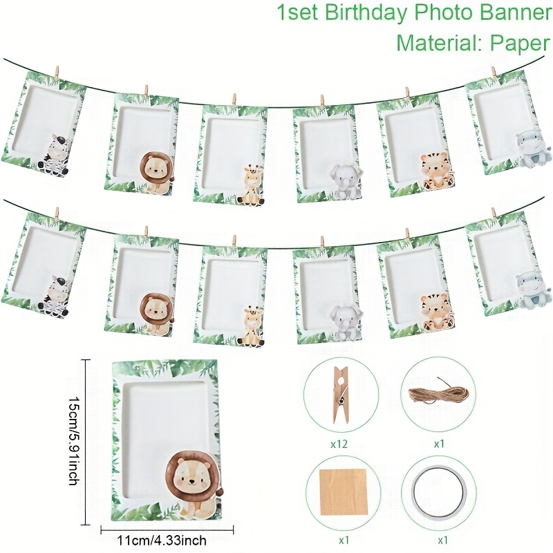 Image of Set Of Photo Clip Banners Featuring Jungle Animals For A -themed Birthday Celebration, Including Decorations For A Baby Shower And Hanging Ornaments For A Birthday Event