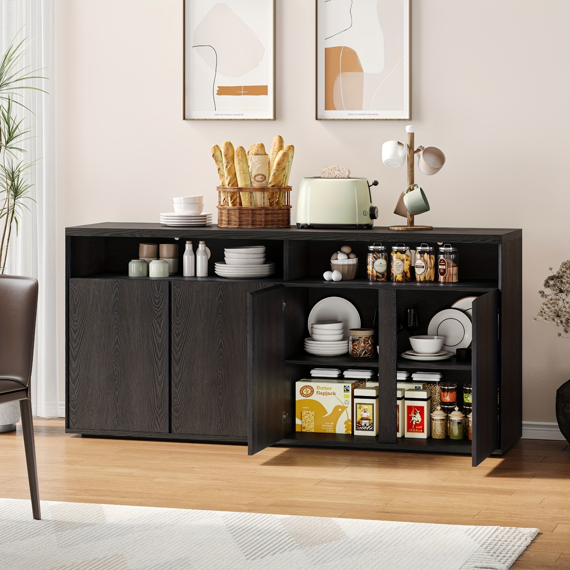 buffet de 63 pulgadas con almacenamiento, armario de cocina con 4 puertas y estantes, barra para café, mesa larga para o comedor, soporte para tv 5