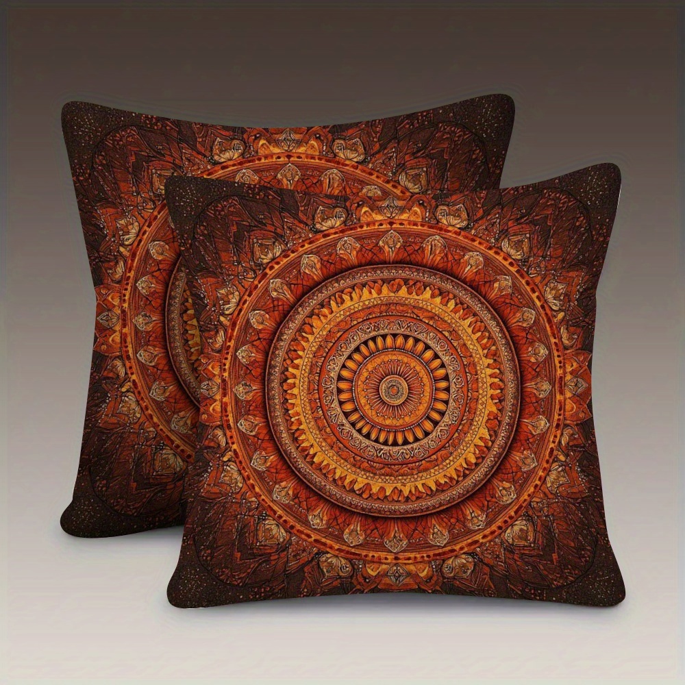 TEMU 2pcs, Double-sided Soft, Throw Pillow Cover 18x18 Inches, Featuring A Mandala With An Orange And Brown Design, Perfect For Sofas, Chairs, Beds,