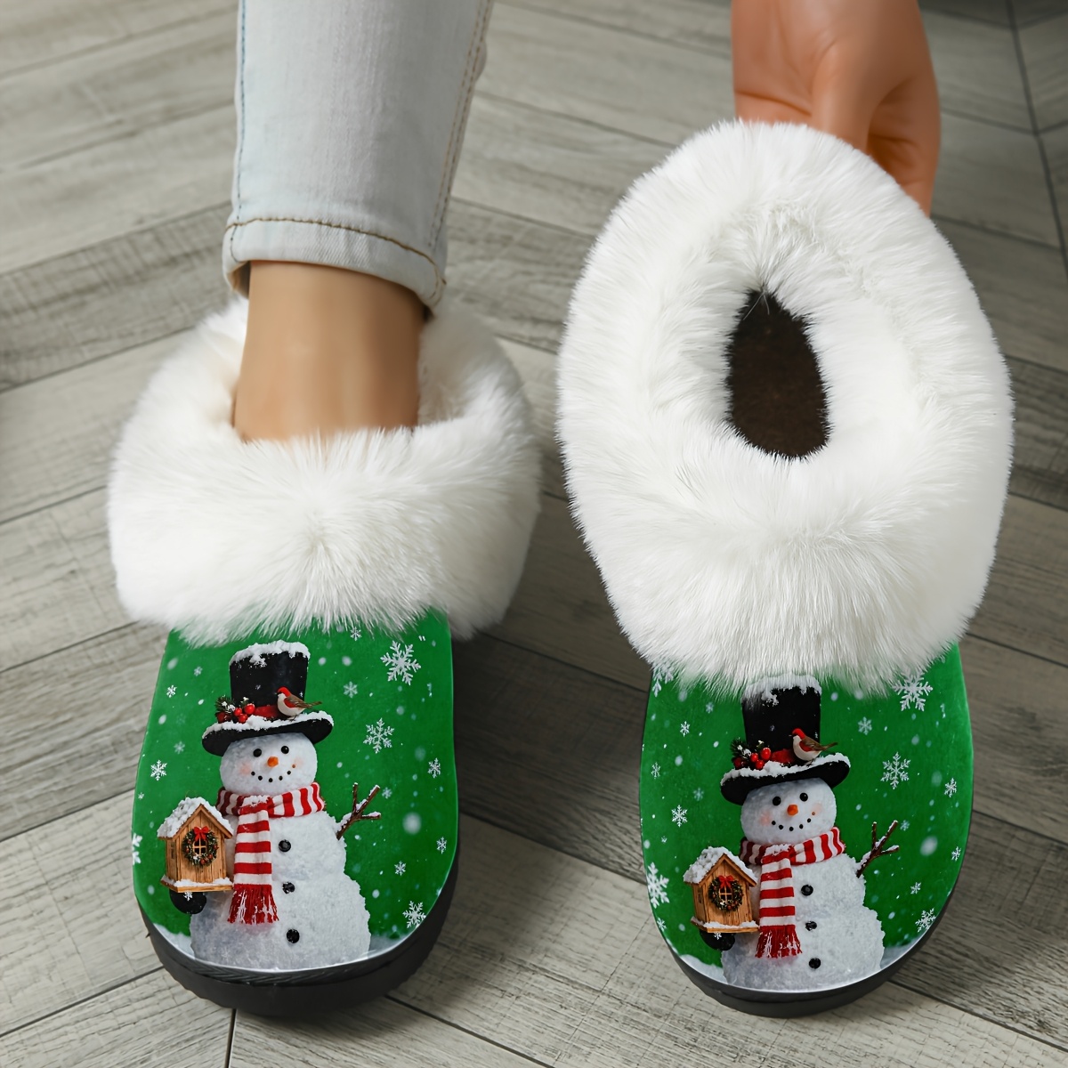 Women's Cozy Winter Snowman Slippers with Plush -Like Collar & TPR Sole - Red & White Snowflake House Shoes, Easy Slip-On Indoor/Outdoor Booties, Christmas Gift (Hand Washable, Multi-Color Options)