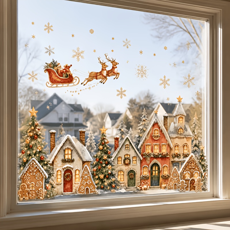 TEMU 1pc Vintage Christmas Town Window Cling, Sleigh Gingerbread House Snowflake Christmas Tree Combination Pattern, Self-adhesive Decorative Sticker