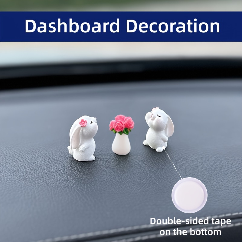 

Resin Rabbit Car Dashboard Decorations - 3-piece Cute Bunny Figures With Flower Ornament Set For Vehicle Interior