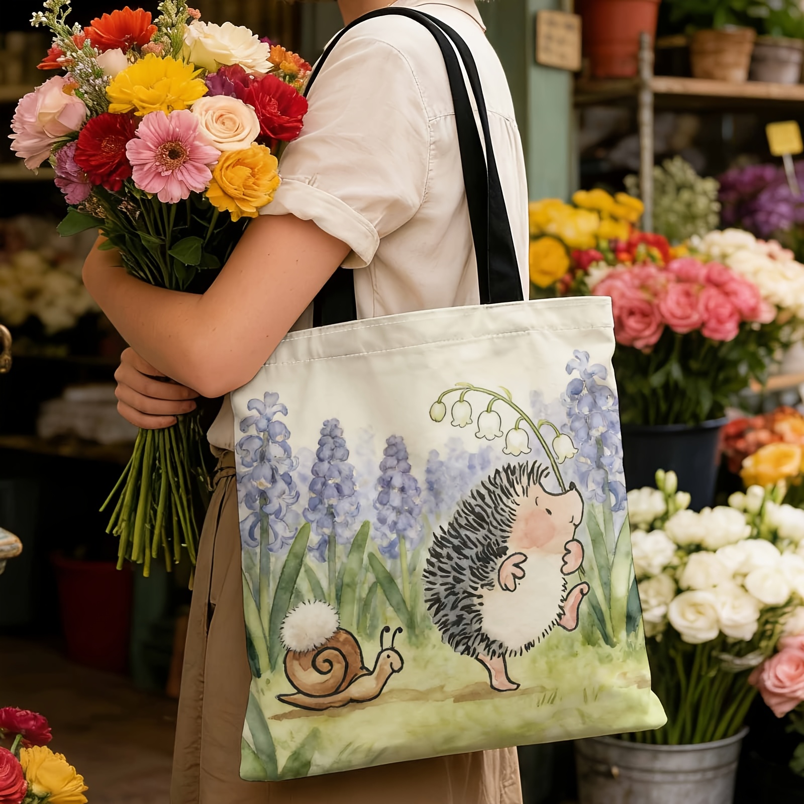 TEMU 1pc Shopper Bag, Bag, Cute Tote Bag, Reusable Fashionable Shopping Bag, Hedgehog, Snail, Garden, Suitable For Daily Commuting, Shopping, Travel,