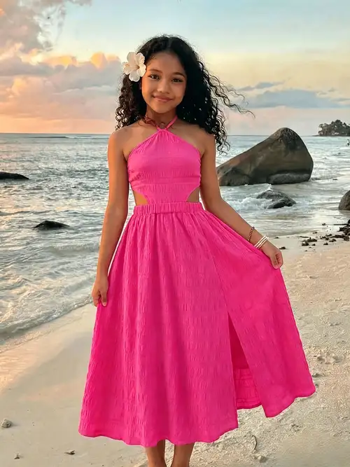 beach dresses for teen girls Jinhomg Spaghetti Strap Dresses for Teen Girls Cute Ruched Midi Cami Dress Flowy Swing Summer Vacation Tank Dresses Casual Daily Wear Pink 9 Years