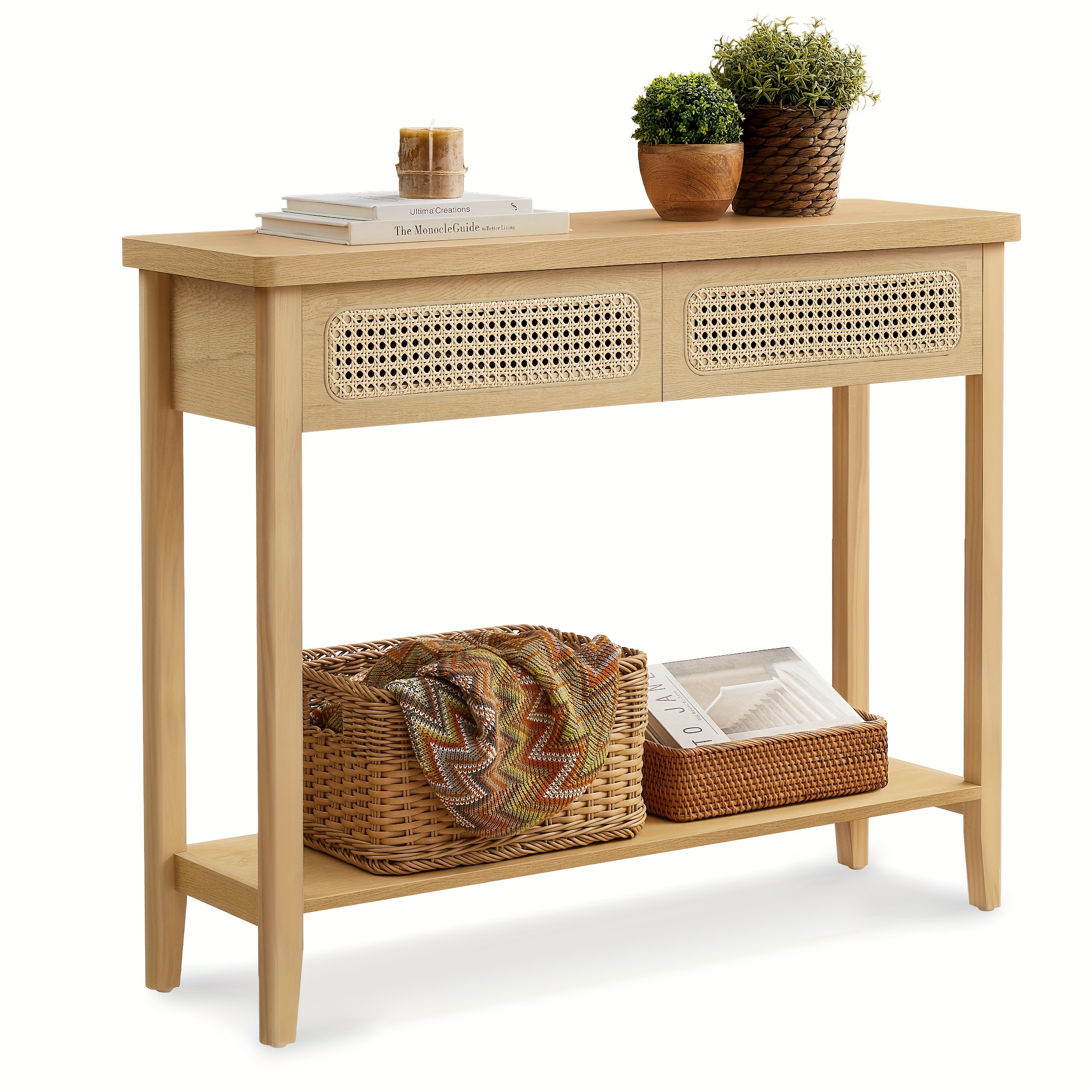 

1pc Classic Console Table With 2 Rattan Drawers, Oak Narrow Entryway Table With Storage Shelf And Rounded Corners, Plastic Sofa Table For Living Room, Entry Decor