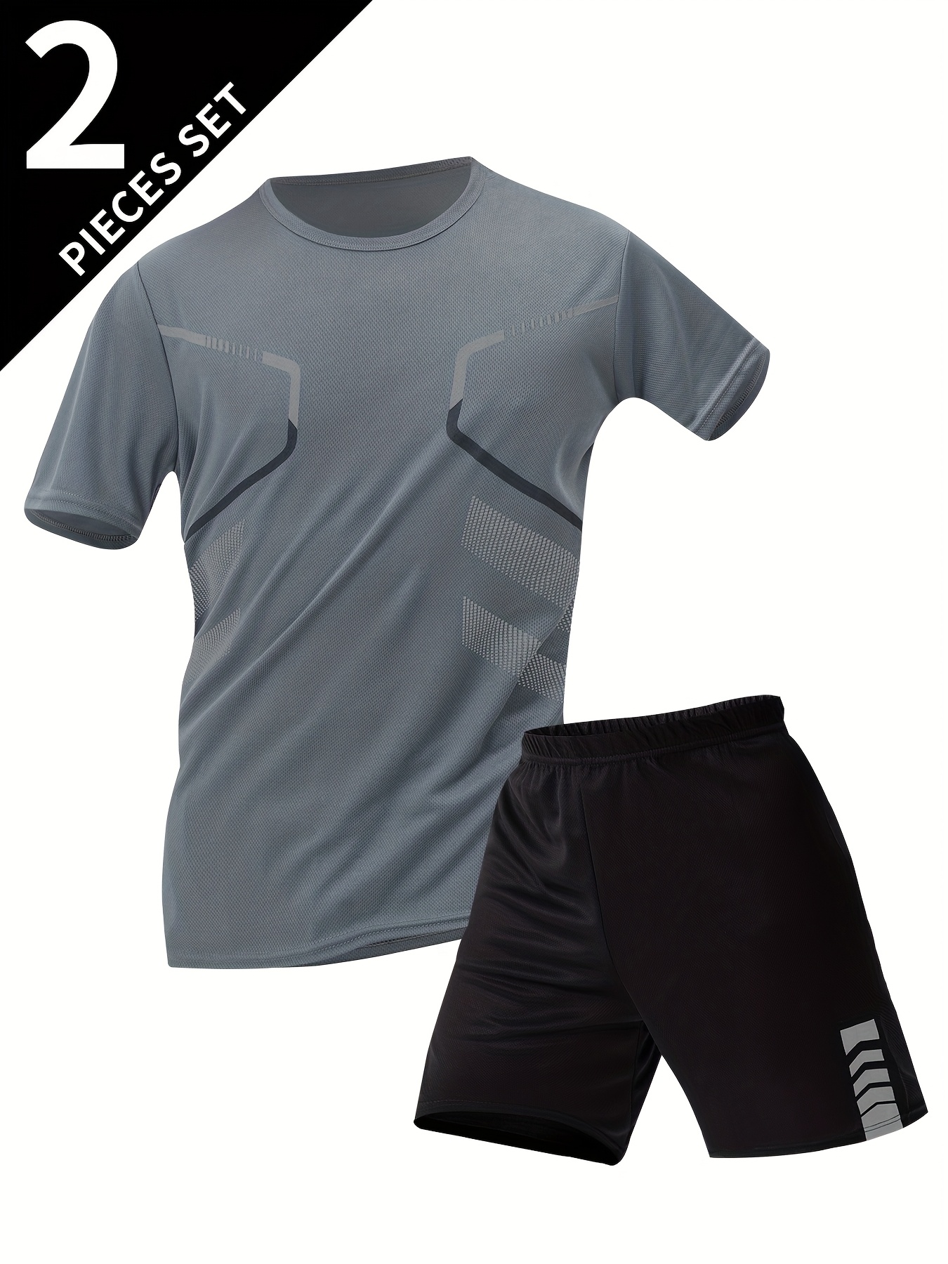 2pcs Men'S Summer Short Sleeve Suit - Casual Sporty Round Neck T-Shirt & Shorts Set, Breathable Polyester Blend, Regular Fit, White & Black with Orange Accents, Perfect for Outdoor Activities, Summer Casual Wear | Sporty Look | Comfortable Fit, Summer Shorts