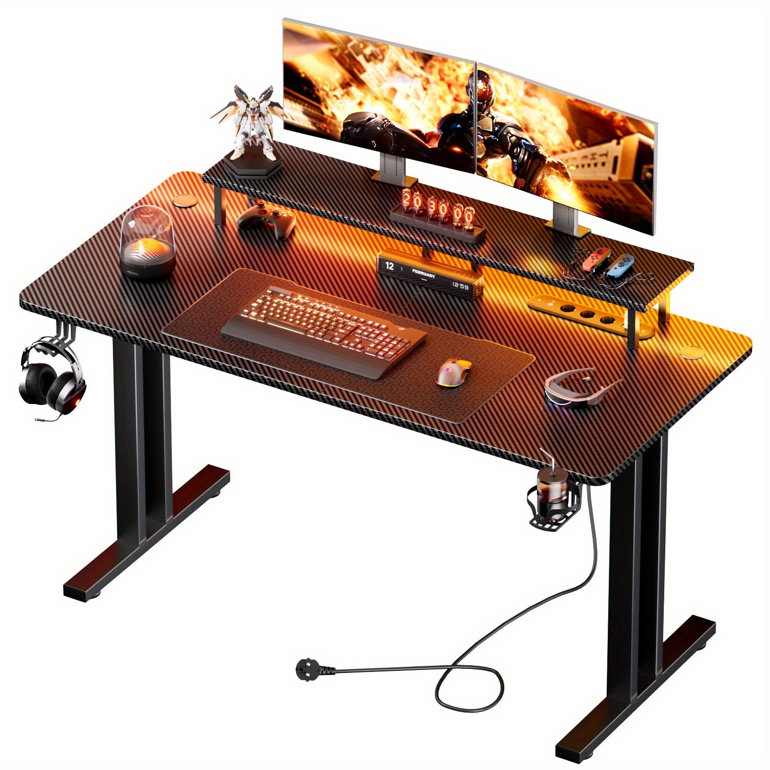 Furnishia 47/55/63 Inch Gaming Table With Monitor Stand, Computer Gamer Desk With Led Lights & Power Outlet, Ergonomic Carbon Office Desk With Cup Holder, Black