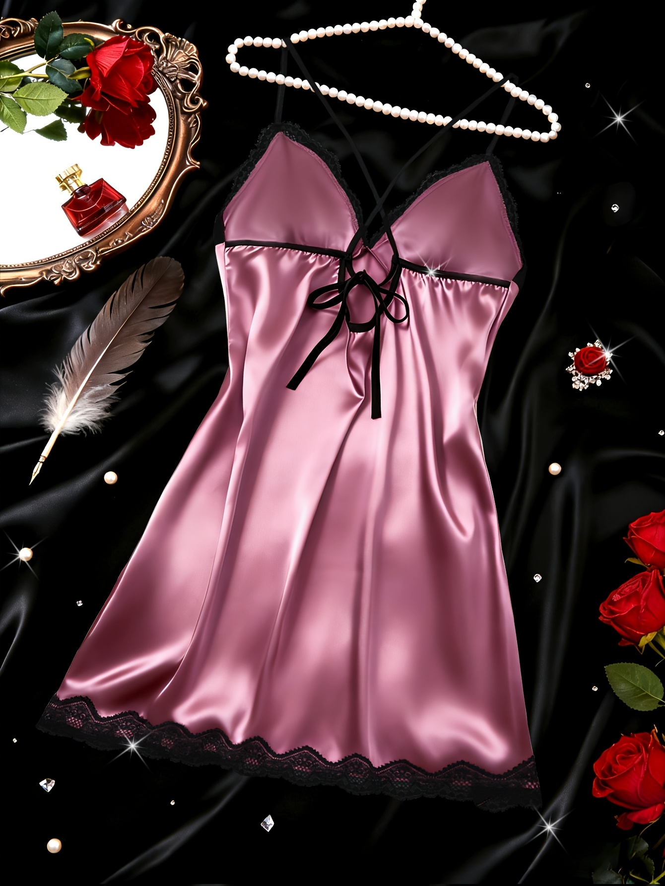 womens mature satin lace trim sleepwear dress v neck