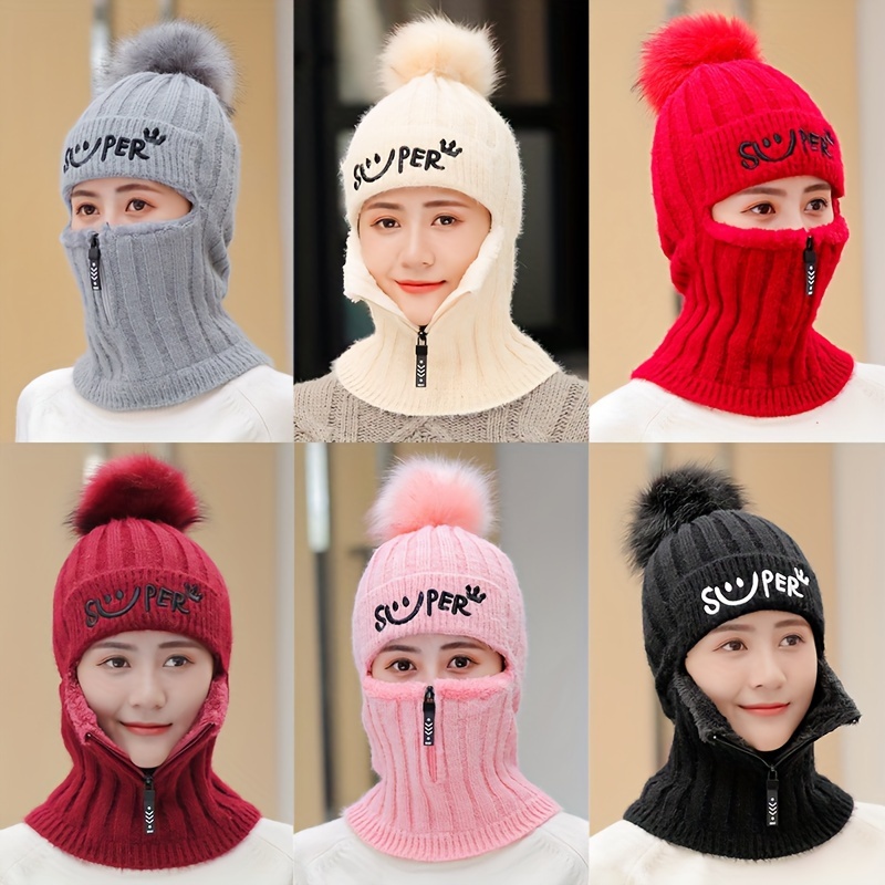 

Winter Warm Imitation Wool Knitted Hat - Windproof Design, Fleece Lining, With Face Mask And Ear Covers, A Must-have For Outdoor Mountaineering, Camping And Cycling