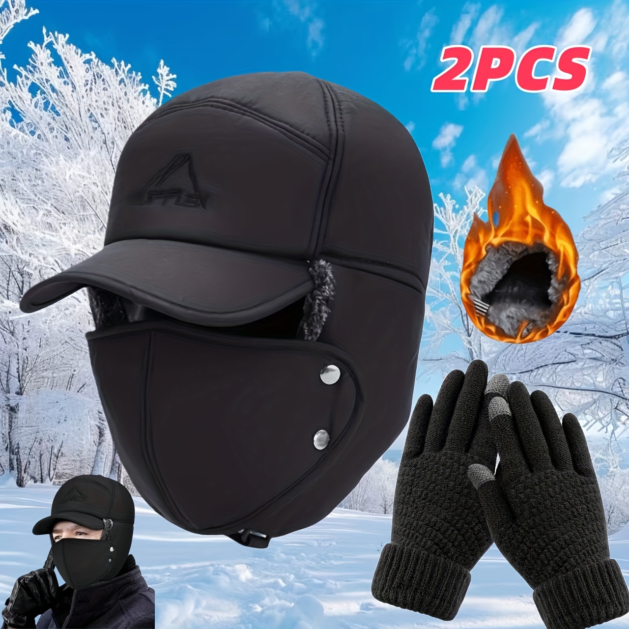 TEMU Men's Winter Set, Including A Comfortable Hat With Earmuffs And A Detachable Face Mask, As Well As A Pair Of Gloves Designed Specifically For