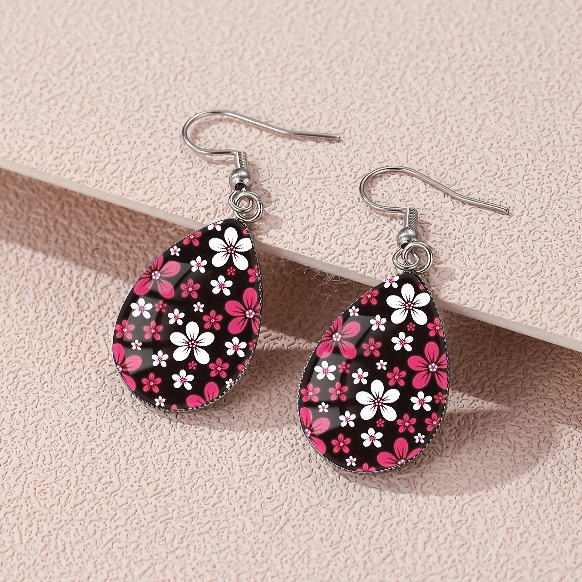 Black Base Pink White Floral Pattern Teardrop Earrings, Unisex