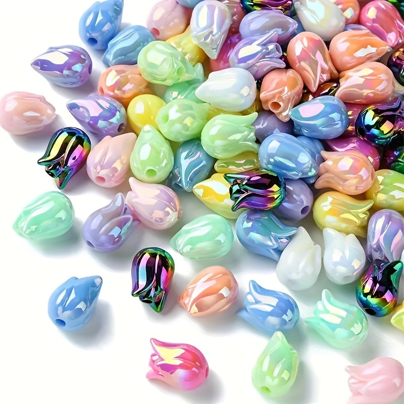 

50pcs Mixed Solid Color Uv Plated Tulip Pod Acrylic Beads Diy Pen Keychain Phone Chain Jewelry Making Accessories Loose Decorative Beads