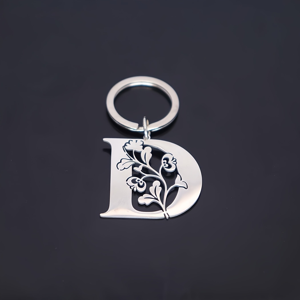 TEMU 2026 New Fashionable Stainless Steel Cut A-z Letter Pendant Keychain Men And Women Temperament Versatile Floral 26 Chain Pendant Additions