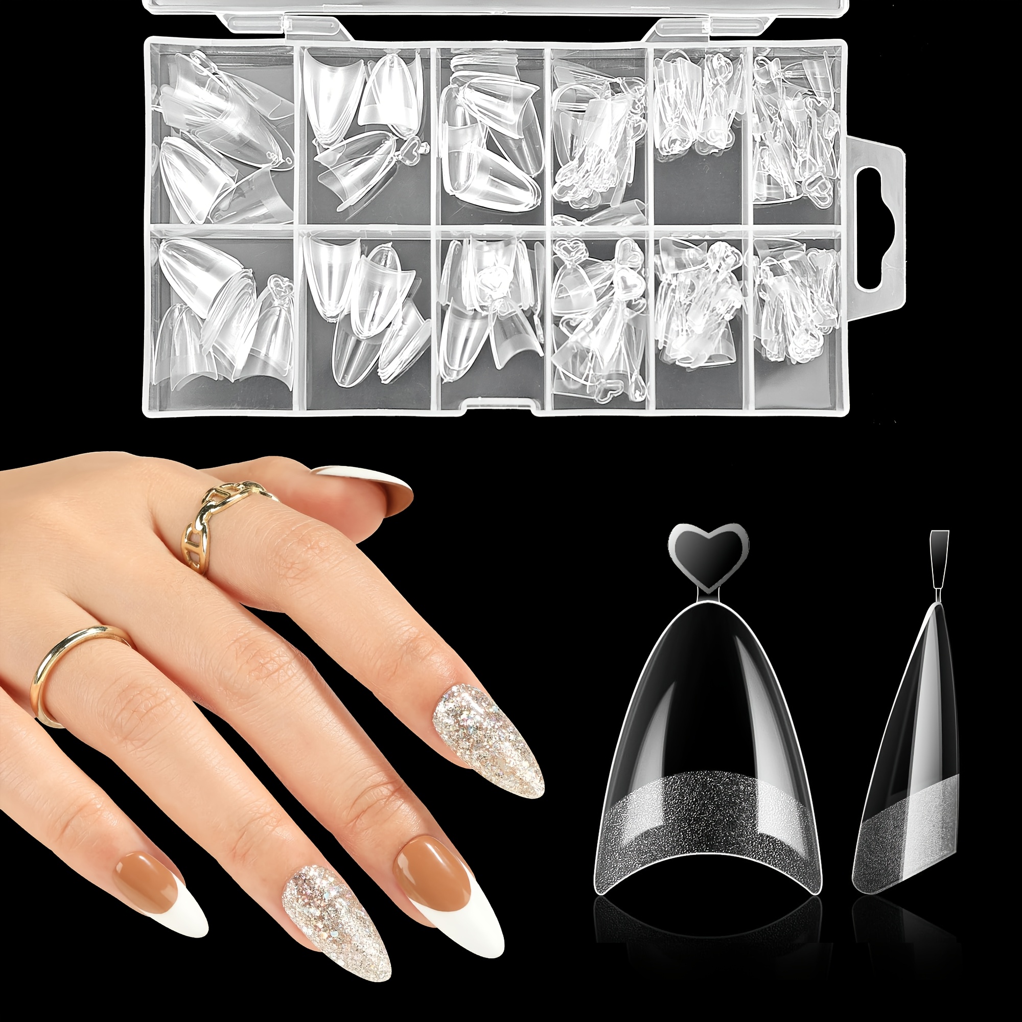 Image of 120pcs French Almond Shaped Clear Gel Nail Tips - Short Length Glossy Acrylic Nail Extensions With Thick Front Edge, 12 Sizes & Easy Bracket Removal For Natural Nails, Nail Accessories