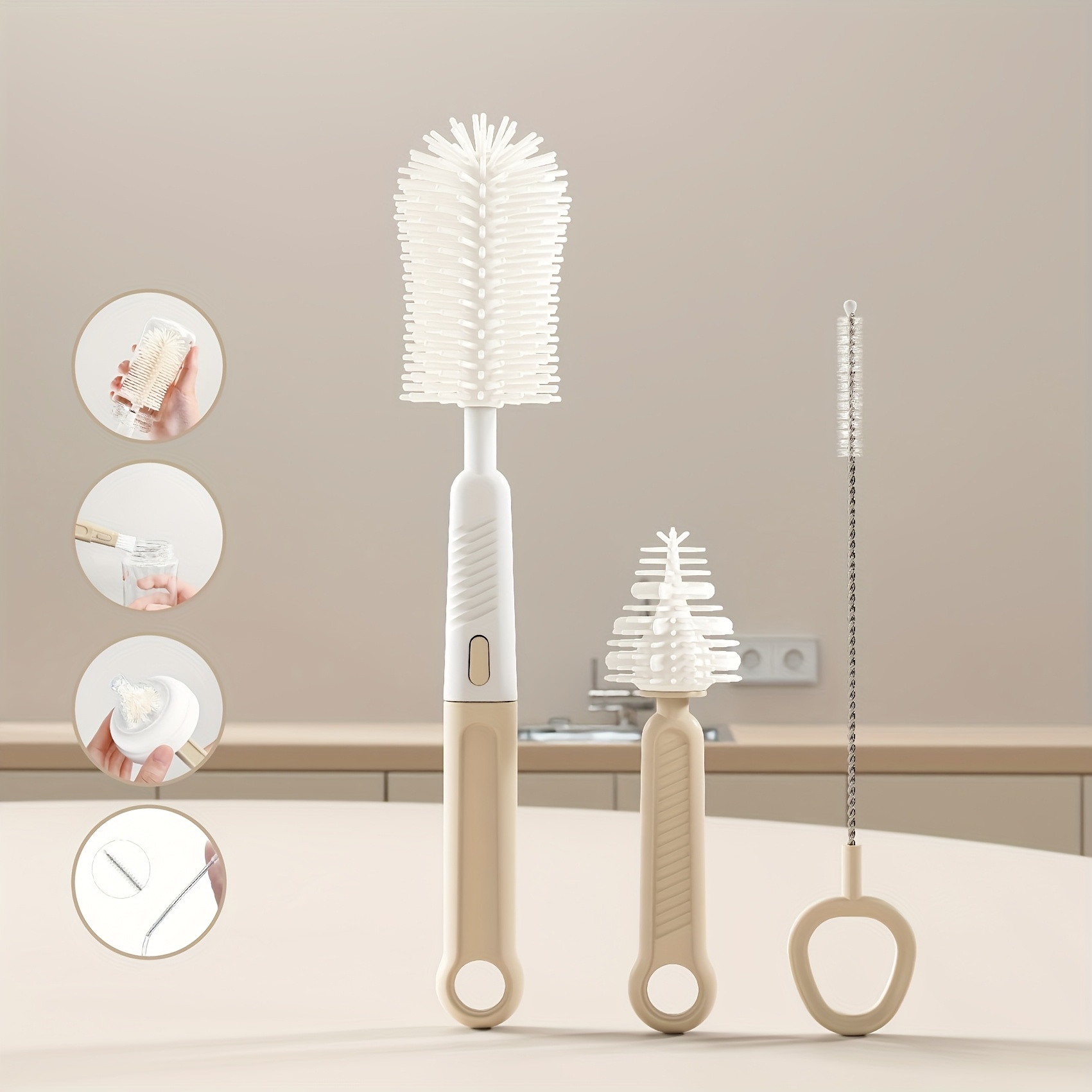TEMU 3pcs Silicone Bottle Brush Set - Soft Bristle Teething Cleaning Brush For Pacifiers, Suction Cups & Mouthwash, Sensitive Light Beige, Easy To