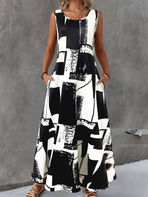 item picture sleeveless round neck long dress for women with color block for spring and summer vacations
