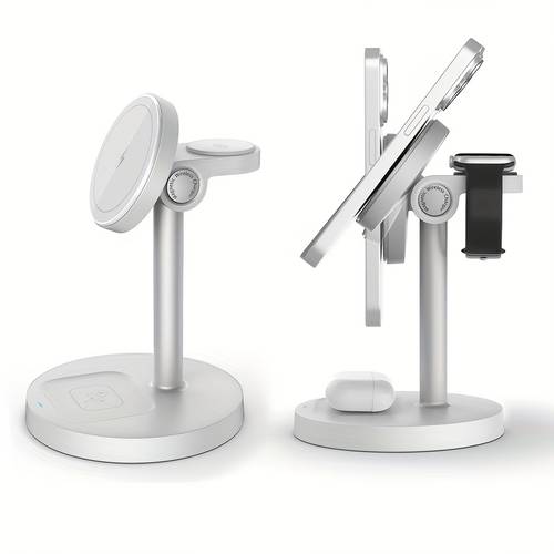 3 in 1 magnetic wireless charger stand with heat dissipation strong magnetic grip adjustable design sleek minimalist style for iphone 16 15 14 13 12 11 max watch for 4 3 for office use