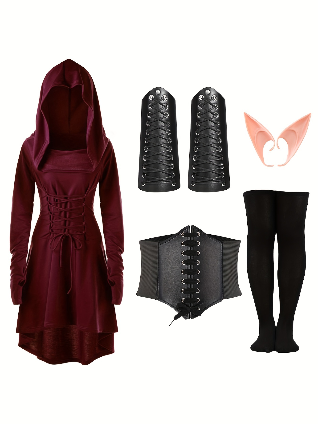 5pcs, Women Medieval Renaissance Costume Hooded Dress Long Sleeve Gothic Clothing Carnival Costume Elves Cosplay Robe with Elf Ears Corset Overknee Socks Arm Protector