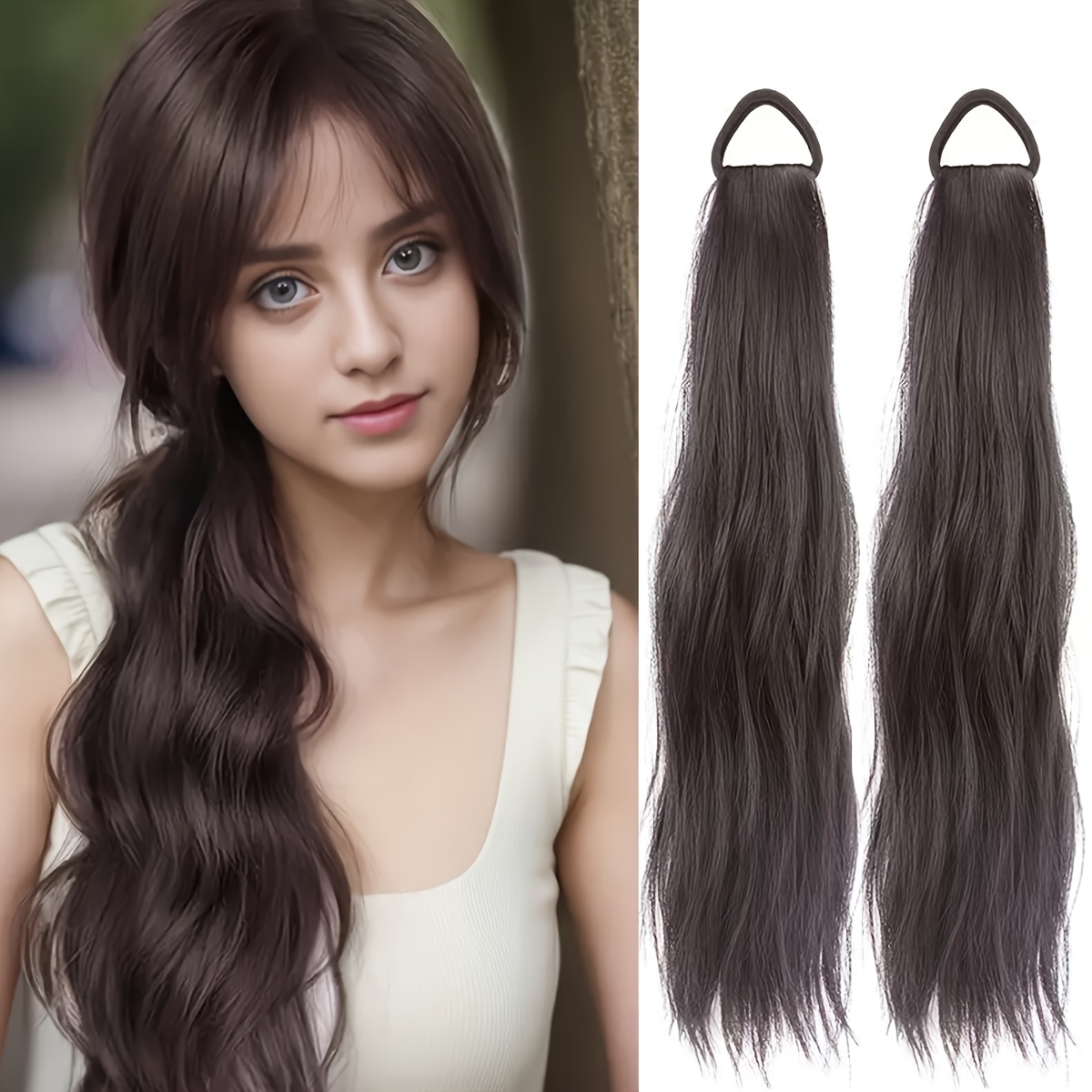 elegant 2 pack womens tie in ponytail extensions versatile synthetic long hair natural looking slightly curly high   loop all ages fit multiple styling options 20 inch hairpiece details 0