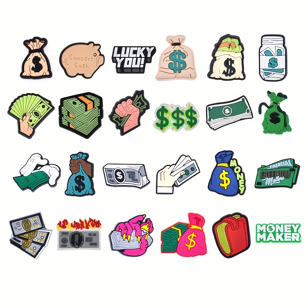 Image of 24pcs/set Dollar Pattern Shoe Charms For Slides Sandals, Pvc Shoe Decorations Accessories, Shoe Accessories, Detachable Money Charms