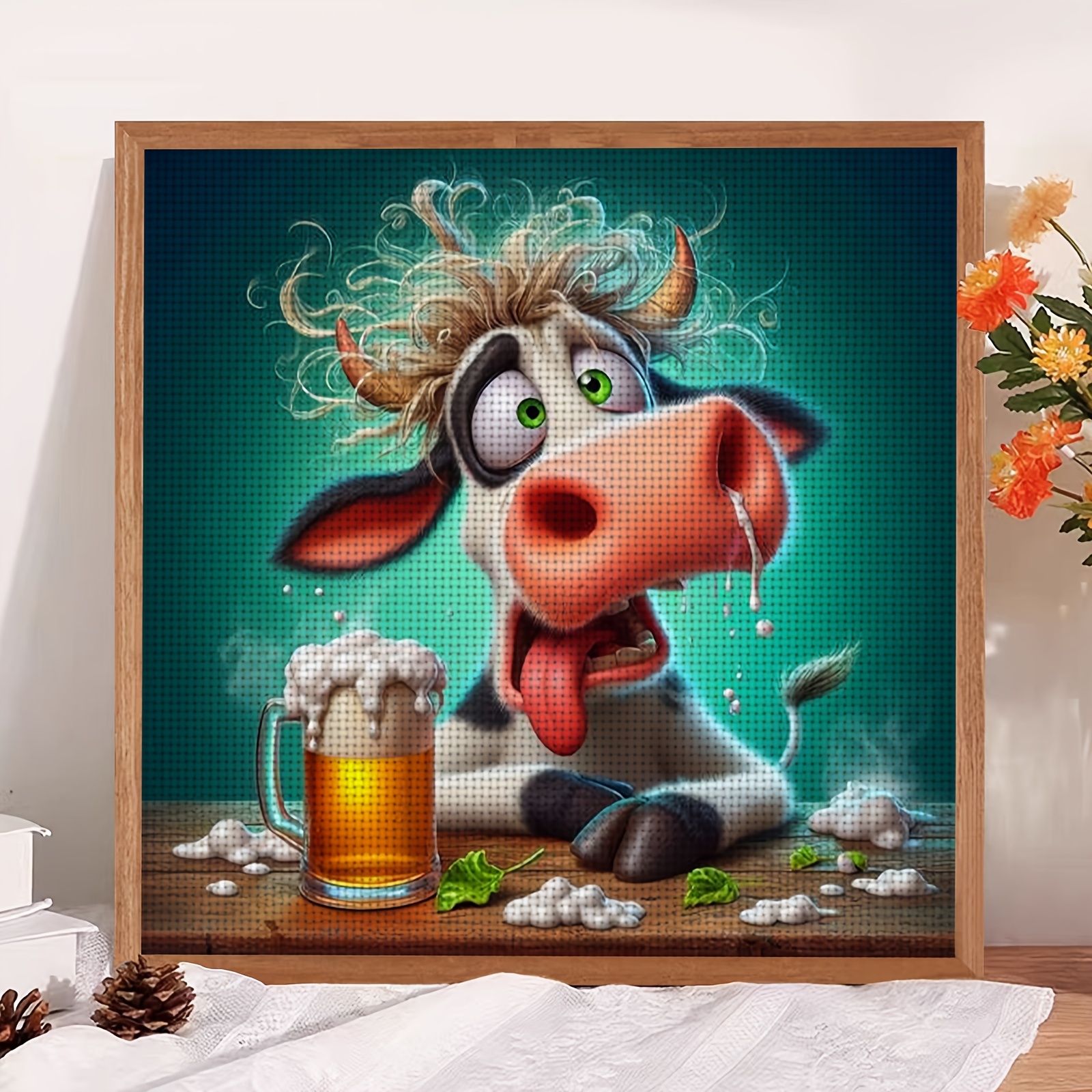 Cross-Stitch Printed Kit, Drunk Cow Tongue Out Drinking Beer