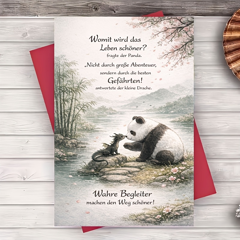 TEMU Ein Umschlag und eine Grußkarte, süßer Panda und Drache für Freundschaft, Grußkarte für Freunde und Liebste, literarische Natur