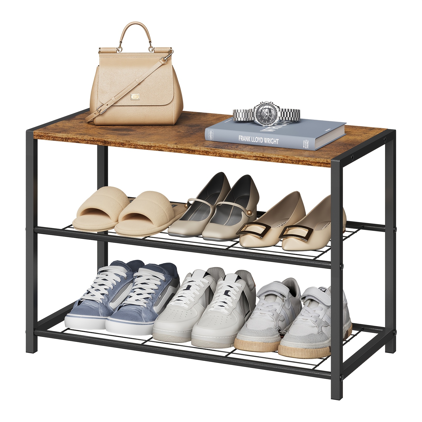 Image of 1pc Shoe Bench Shoe Rack With Seat Bathroom Shelf Shoe Rack Shoe Chest Of Drawers Shoe Rack Organizer Bench With 2 Shelves For . 6 Pairs Of Shoes, Wood Metal