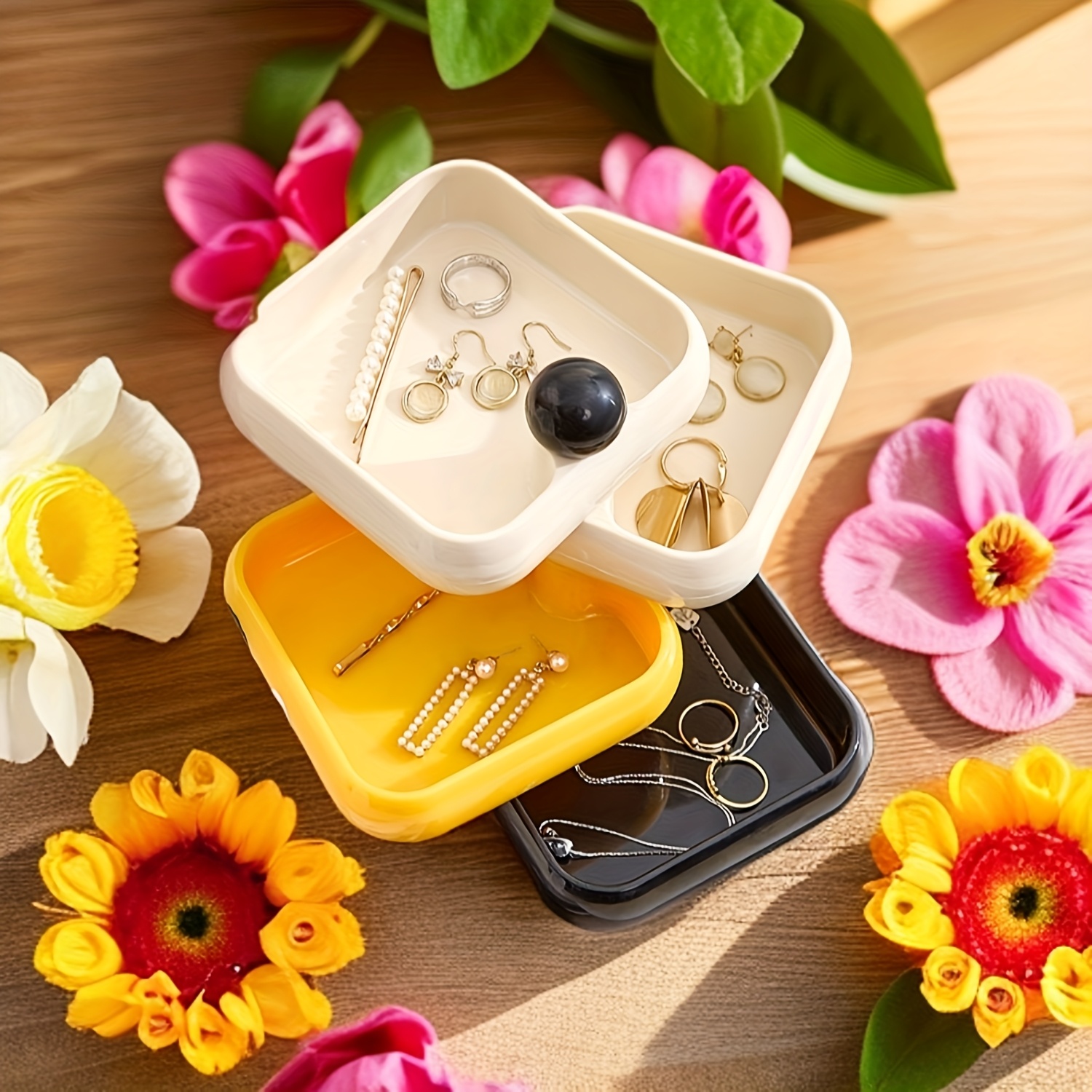 3   tier rotating jewelry organizer box with cute   design contrast color lids dustproof plastic storage for dressing table desktop accessories jewelry boxes   design stackable compartments jewelry boxes Product details 3