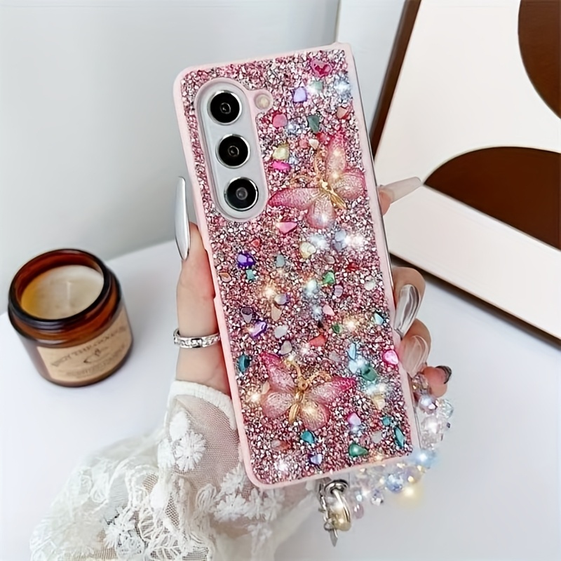 TEMU Phone Case: New Elegant Stone Pattern 2 Butterflies Fashion Case For Galaxy Z Fold 3 Z Fold4 Full-body Anti-drop Case, Ideal Holiday Gift For