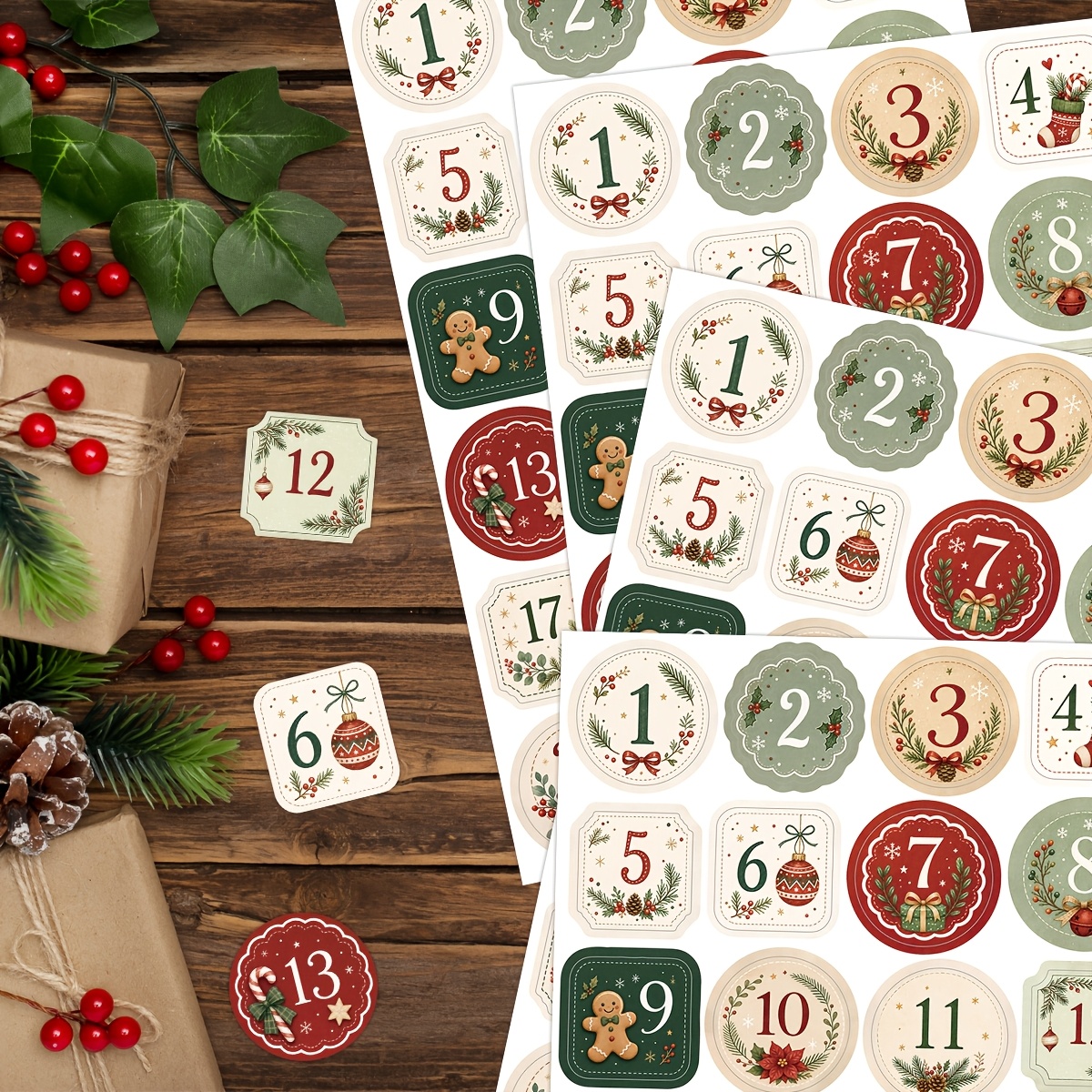 TEMU 96pcs/4 feuilles d'autocollants de scrapbooking pour calendrier de l'Avent de Noël, 1-24pcs d'autocollants de chiffres de comptage de Noël
