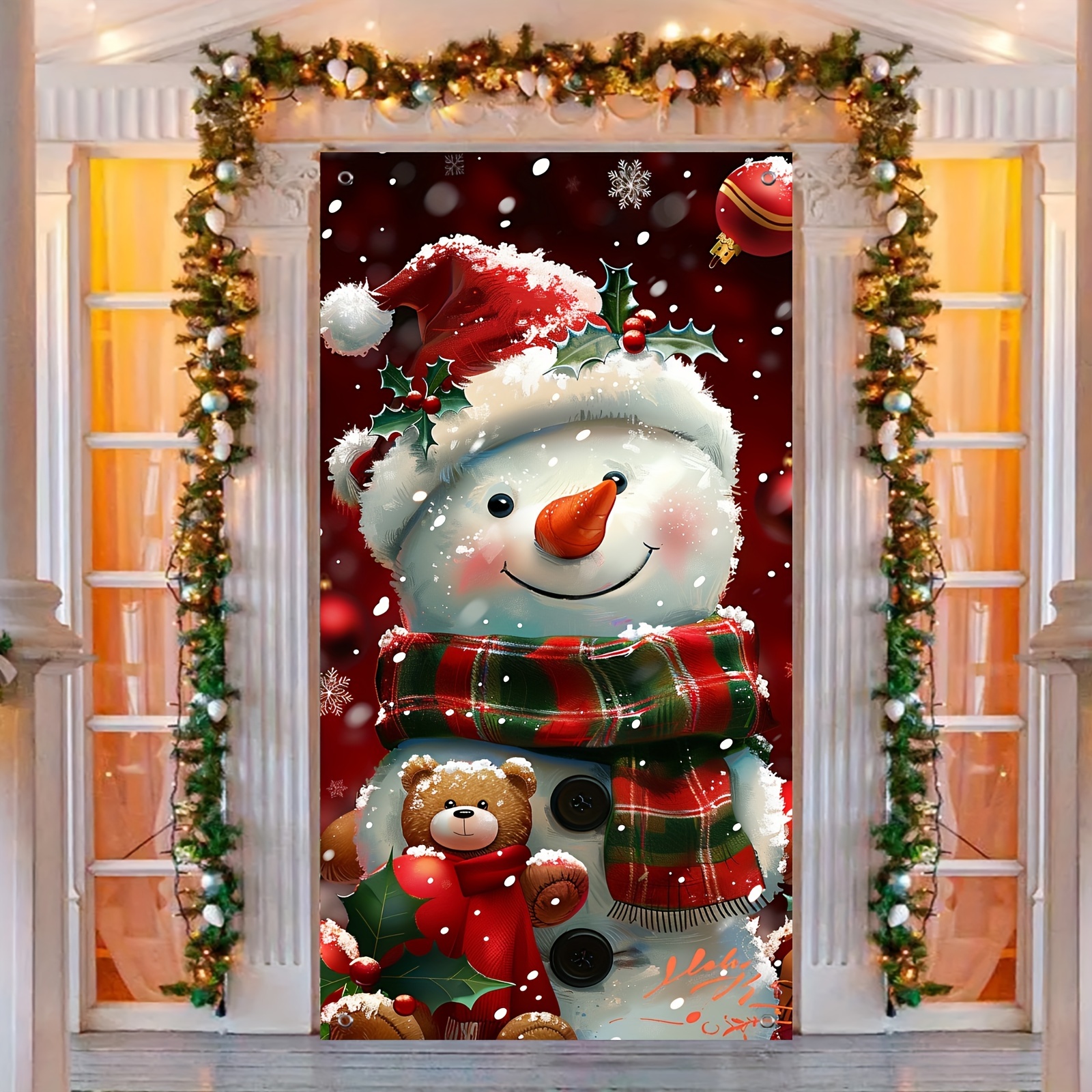 

Reusable Polyester Christmas Door Banner - Snowman & Teddy , No Power Needed, Indoor/outdoor Holiday Decorations (35.4in X 70.8in)