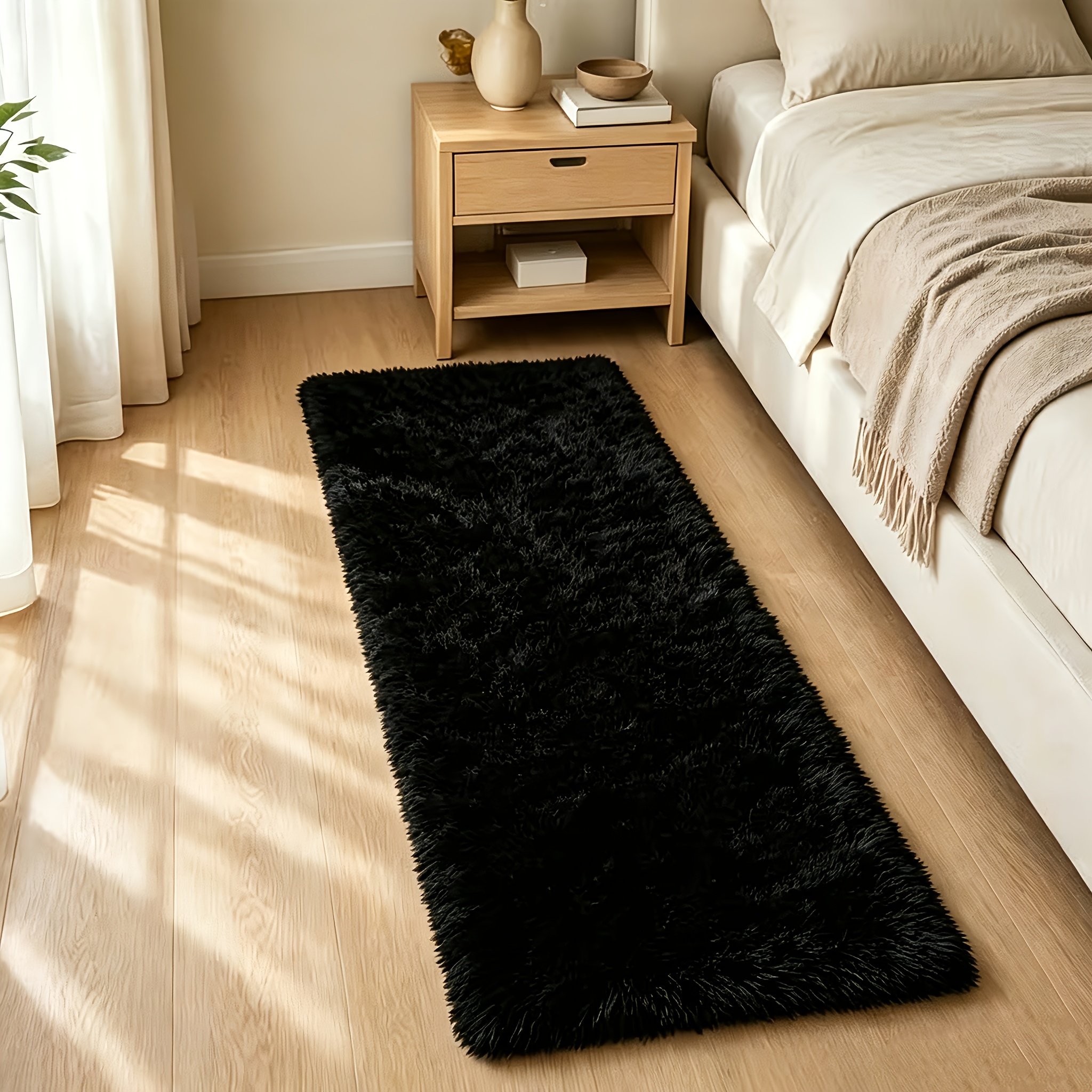 TEMU 1pc Of Solid- Long Plush Rug, A Simple And Elegant Long Runner Rug For Bedroom Bedside. Suitable For Areas Such As The Living Room, Bedroom,