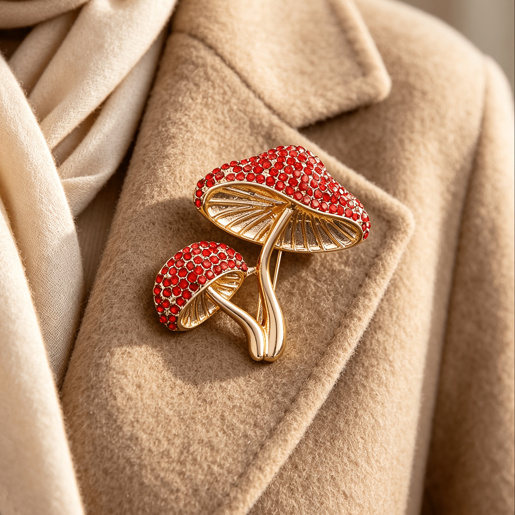 TEMU 1pc - Golden And Silvery Colored Double Mushroom Brooch, Red And Blue Glittered Two-colored Full Pin, Casual And Cute Decorative Brooch For And