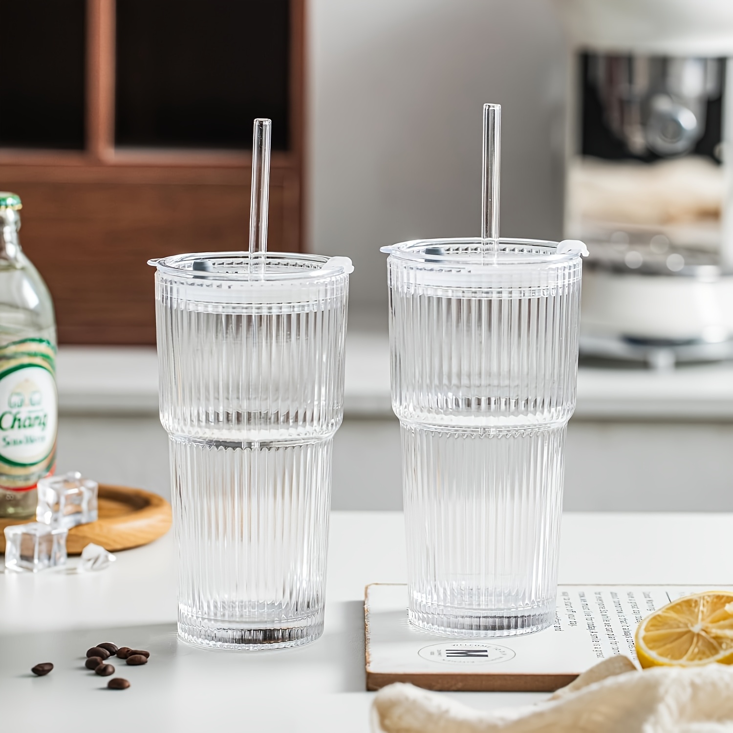 Image of 2pcs, 23.67ounces/700 Milliliters, High- Espresso Cups With Lid And Straw. Vertical , Large Capacity, Transparent, Suitable For Iced Americano, Milkshake, Juice, The Best Holiday Gift