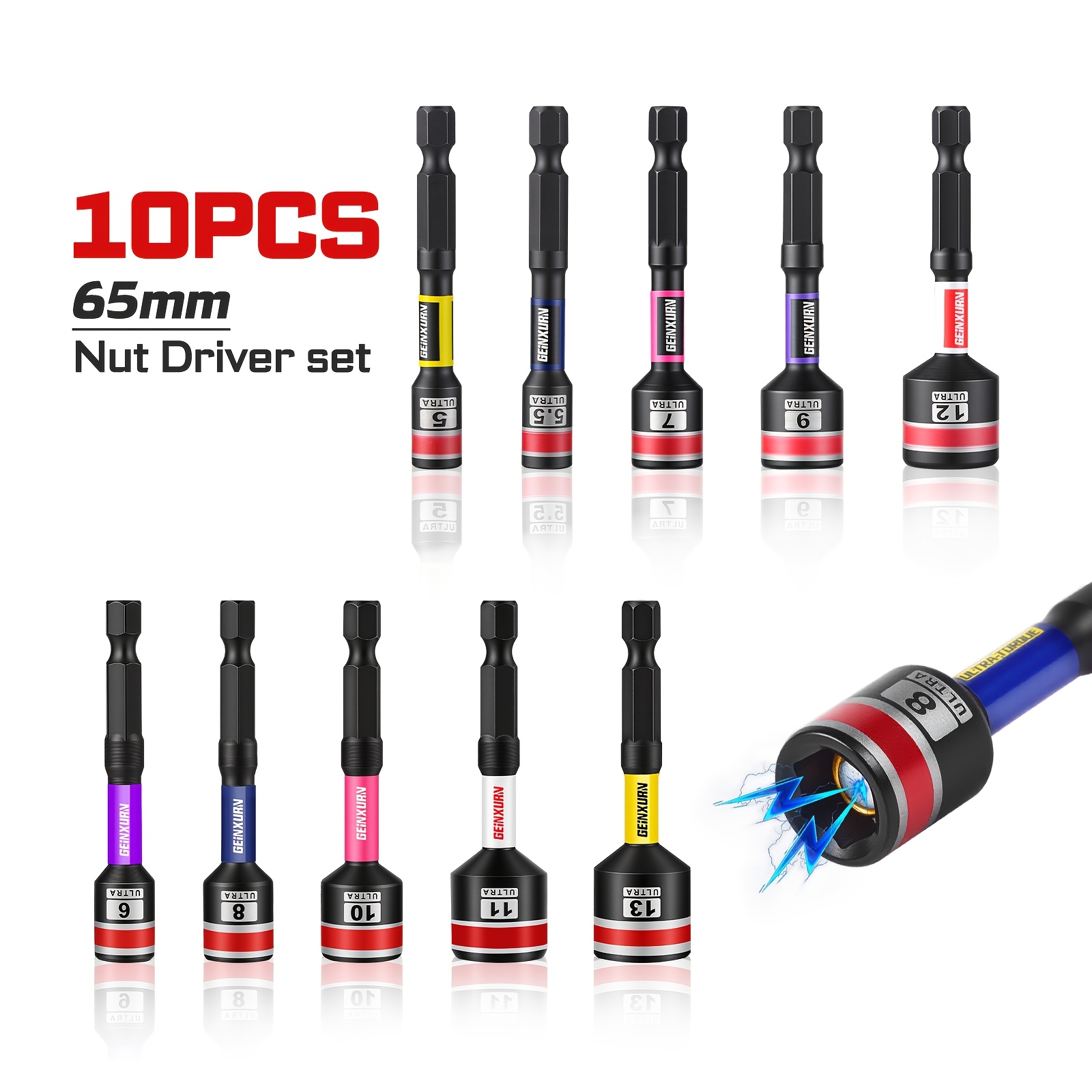 TEMU Geinxurn 10pcs 65mm/150mm S2 Steel Magnetic Socket Driver Set, Color-coded Extension Bars, 1/4