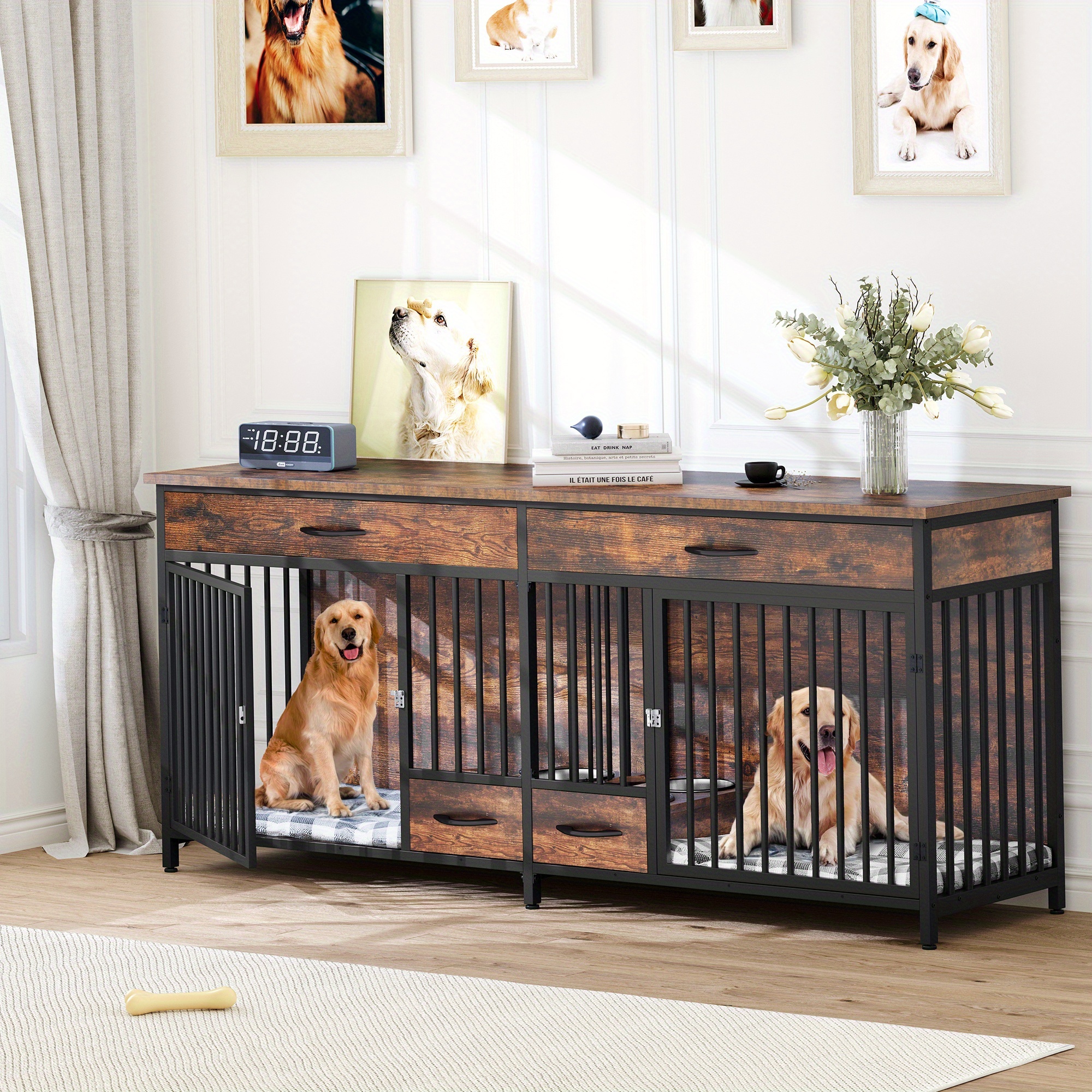 

Balconera Double Large Dog Crate Furniture With Dog Feeder, Large Dog Kennel Indoor With Drawers, Heavy Duty Wooden Dog Crate With 2 Room Divider For 2 Medium Large Dogs, Brown, Locker