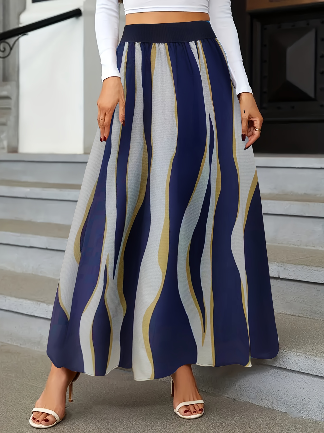 Abstract Print High Waist Skirts Boho Shirred Pleated Maxi - Temu