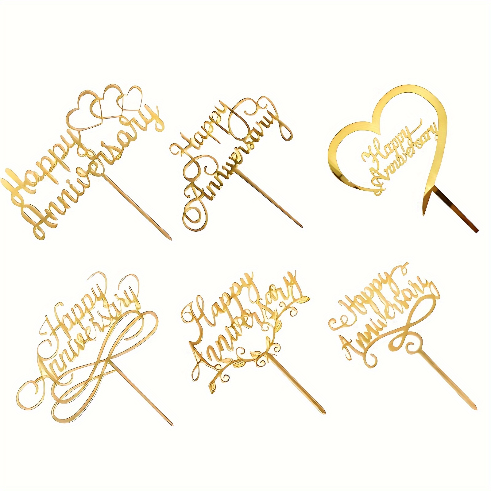 

6-pack Acrylic Happy Anniversary Cake Toppers - Elegant Wedding & Valentine's Day Cake Decorations, Non-food Contact Party Supplies