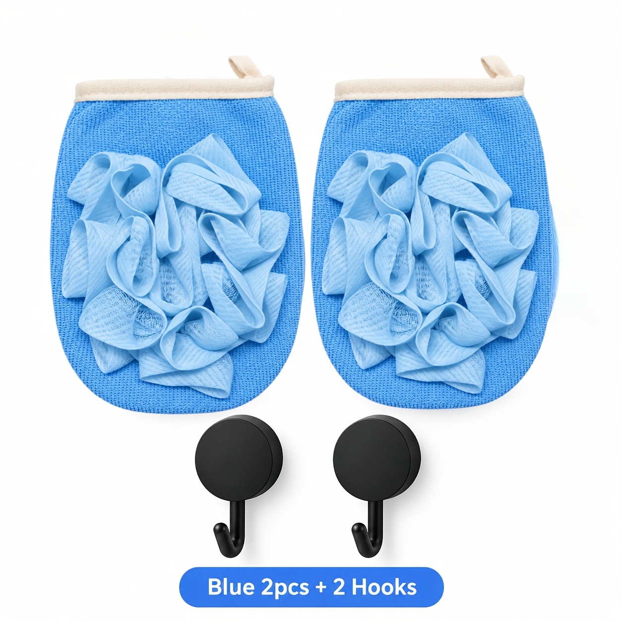 Bath Loofah Gloves with Black Round Hooks, 3D Mesh Design