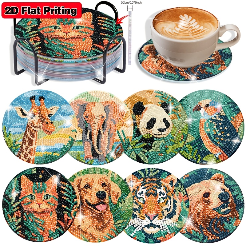 TEMU 8-delige Giraffe en Tijger Handgemaakte Onderzetters Maakset, Wildlife-Thema Diamant Schilderen Onderzetters, 2D Platte Druk Diamant Kunst Kit,