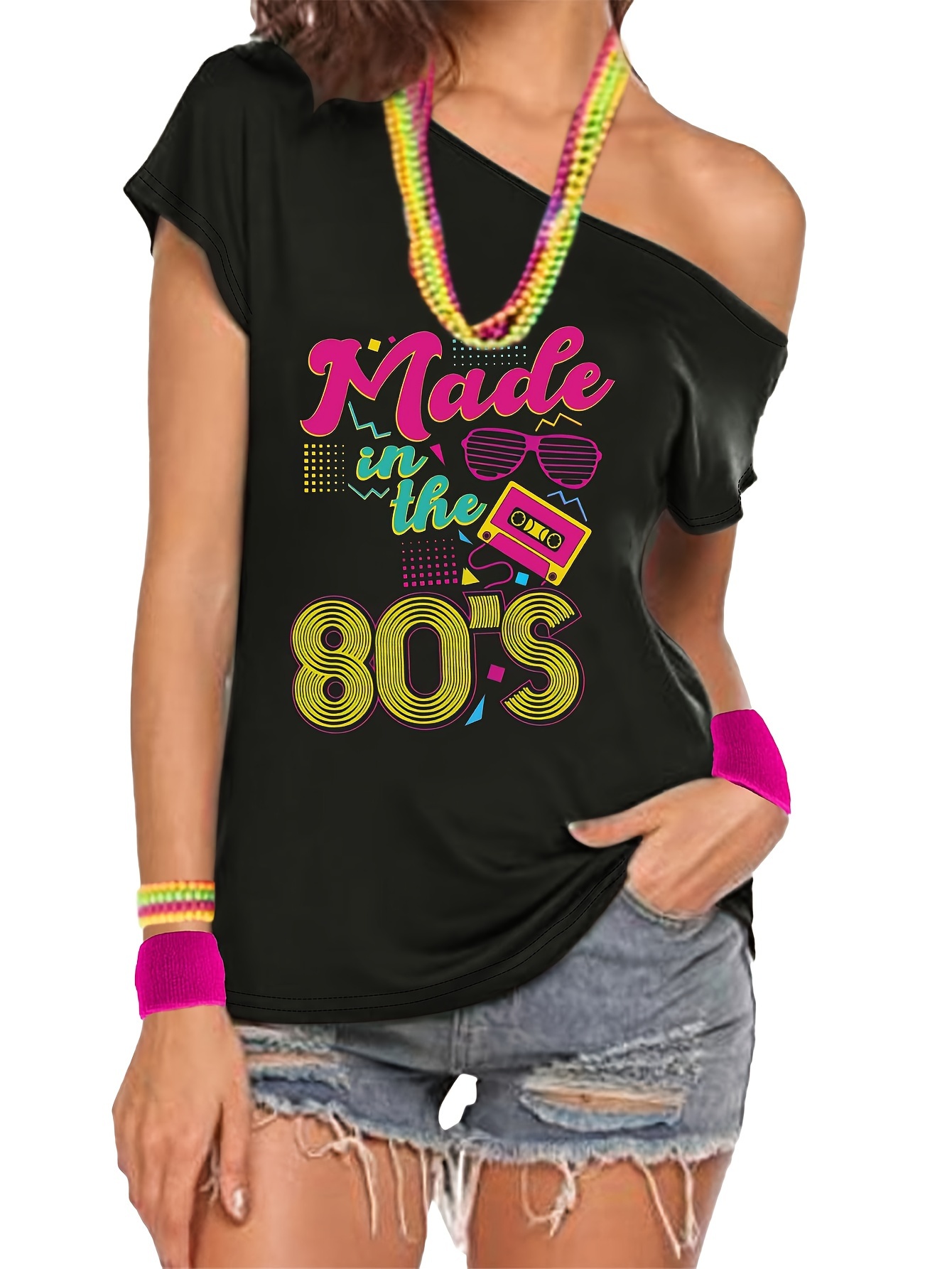 Ladies 1980s Printed One Shoulder T-Shirt