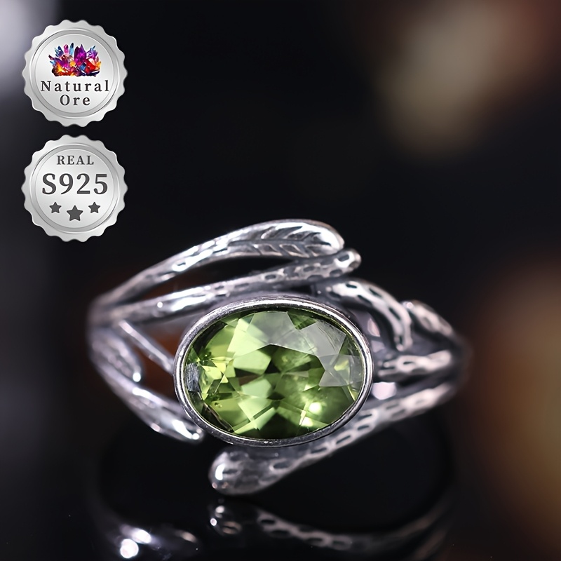 Women's Adjustable 925 Silver Green Peridot Ring, Exquisite Gift